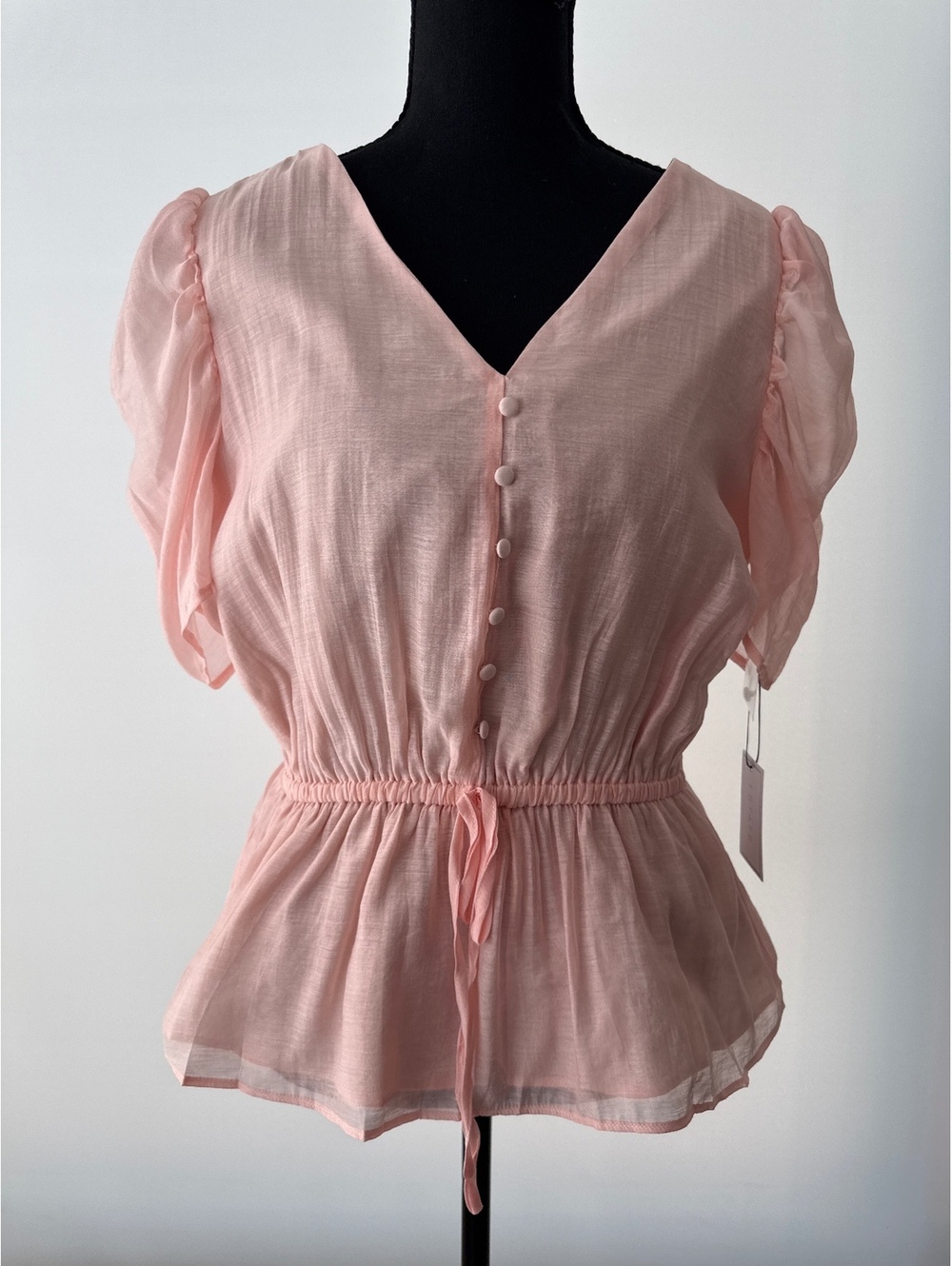 1.STATE Blush Pink Peplum Blouse Women's Medium NWT Sheer Puff Sleeve Top